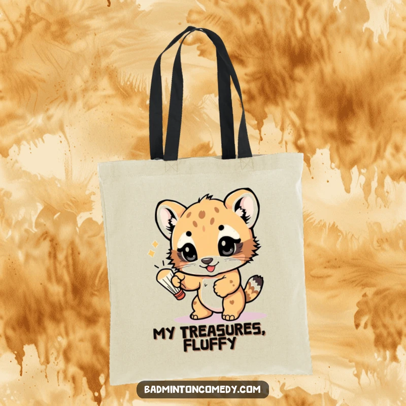 Funny tote bag featuring a cute bear cub batting a shuttlecock with its paw, eyes sparkling with glee, ready for any adventure.