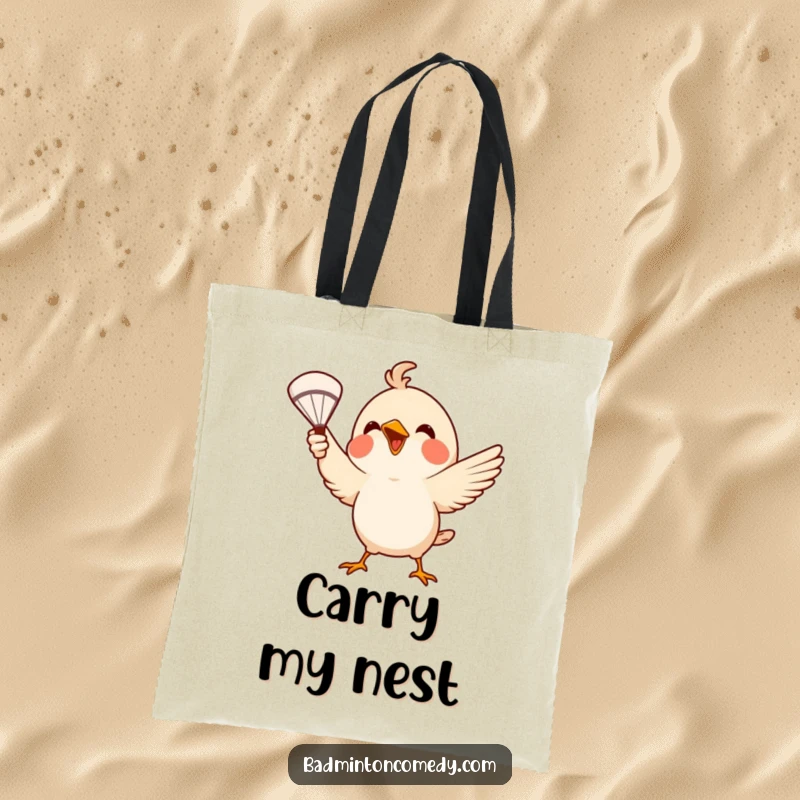 Funny Tote Bag: A small bird uses its beak to serve a badminton shuttlecock, illustrating athletic precision with a smile.
