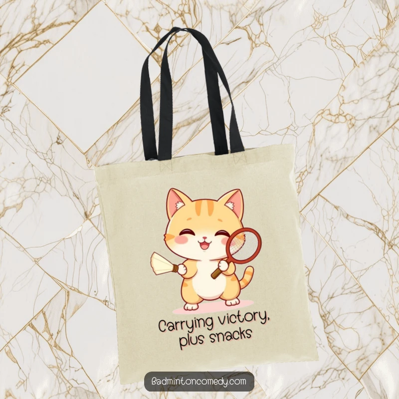 Funny cat wearing athletic gear, mid-swing with a tiny badminton racket and shuttlecock, on a versatile tote bag.