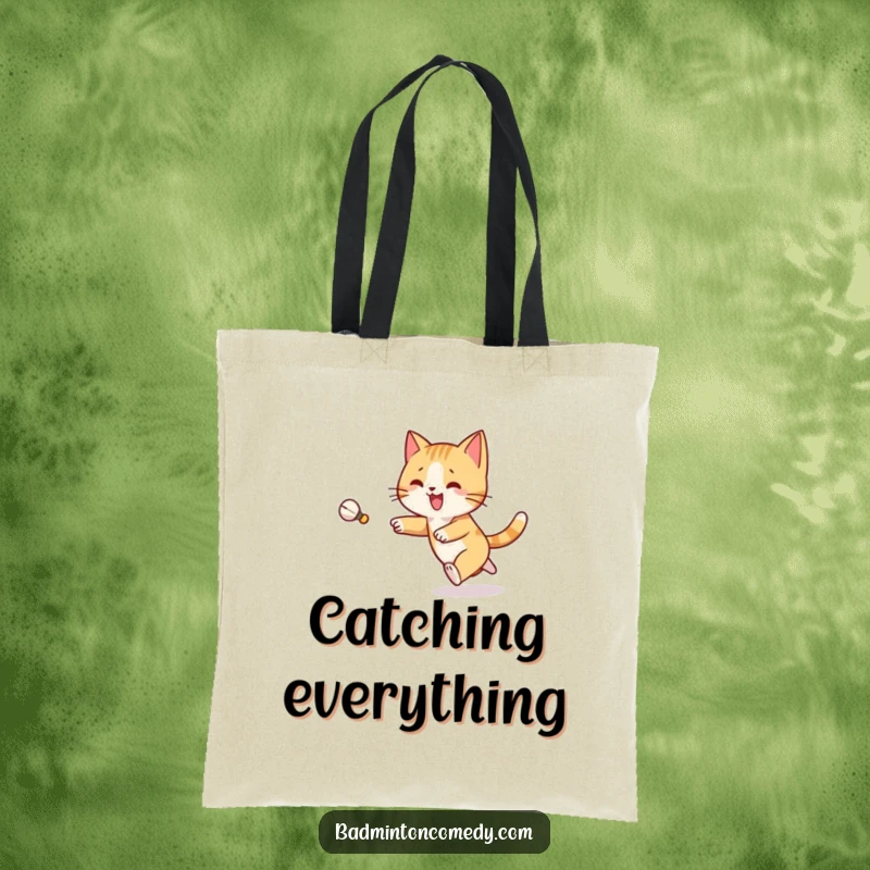 Funny Cat Badminton Tote Bag: A joyful cat character leaps across a court, joyfully chasing a flying shuttlecock with focus.