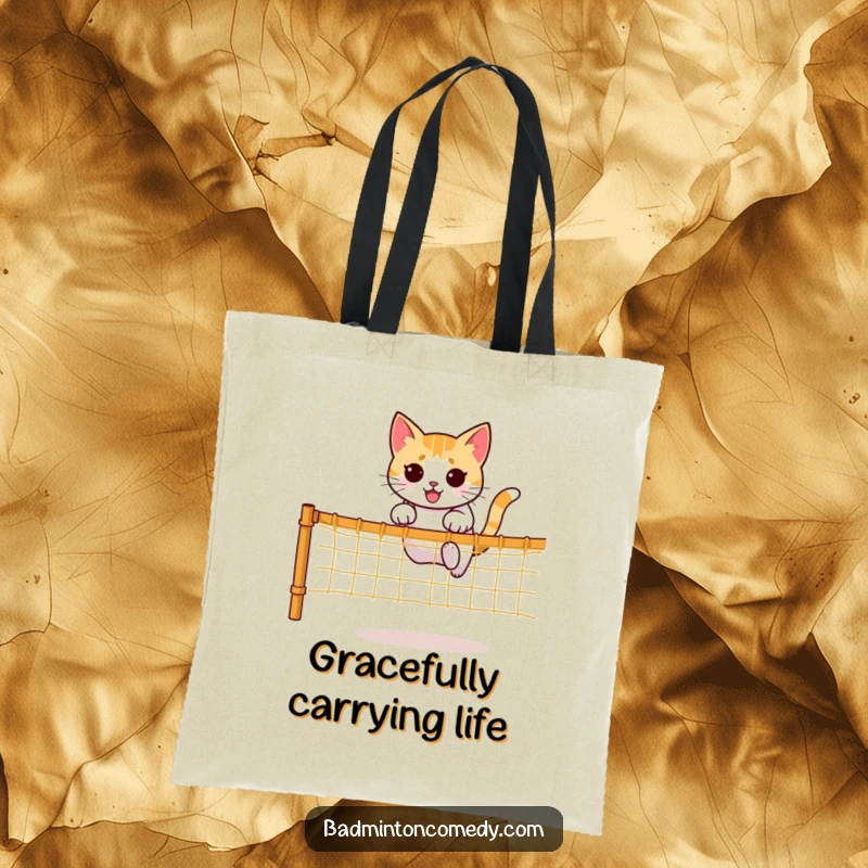 Funny tote bag with a determined cat character mid-jump over a net, ready to carry your items with agility.