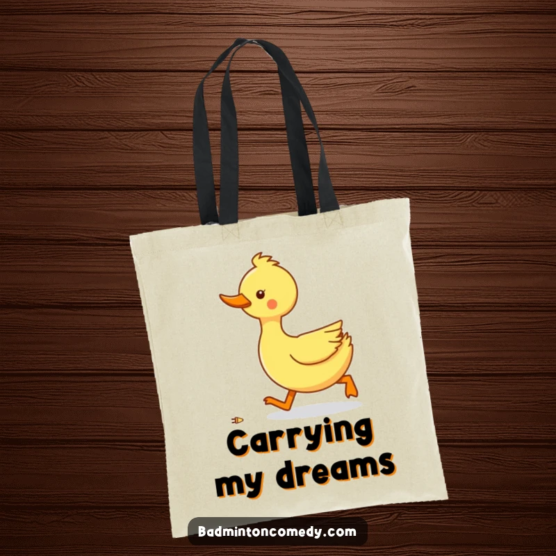 Funny duck waddling swiftly towards a shuttlecock on a tote bag, highlighting effort and humor.