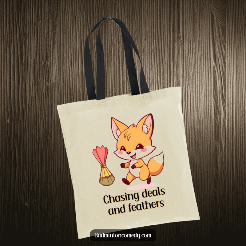 Funny fox character with a grin chasing a shuttlecock on a stylish tote bag, funny gift.
