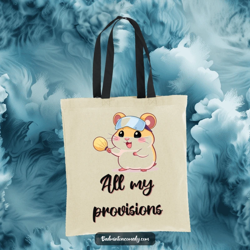 Funny hamster in a visor, serving a shuttlecock with a tiny racket, printed on a durable tote bag.
