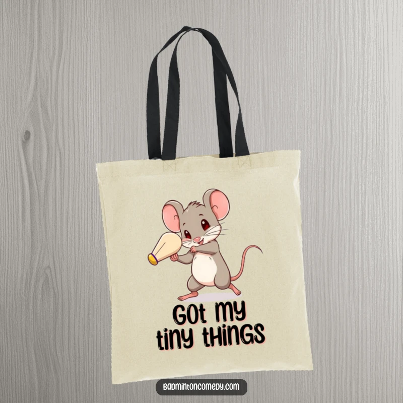 Funny little mouse, a blur of motion, batting a shuttlecock with incredible speed, a humorous and practical tote bag.