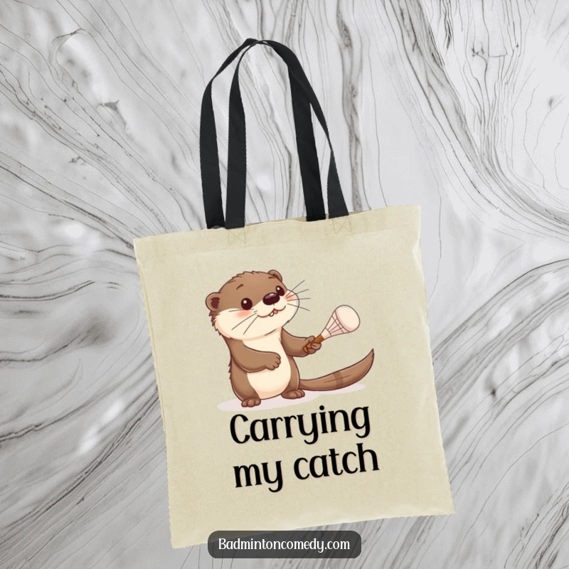 Funny otter tote bag, a curious otter batting a shuttlecock with a tiny racket, perfect for carrying items with a humorous, cute touch.
