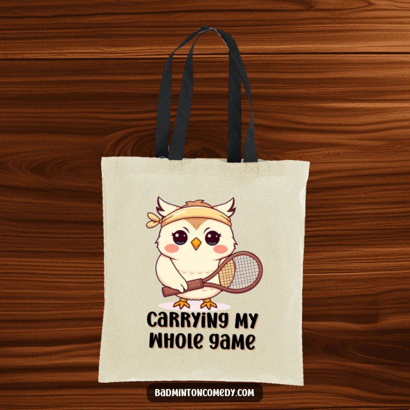 Funny tote bag featuring a smiling owl character with a headband, holding a tennis racket, ideal for carrying sports gear.