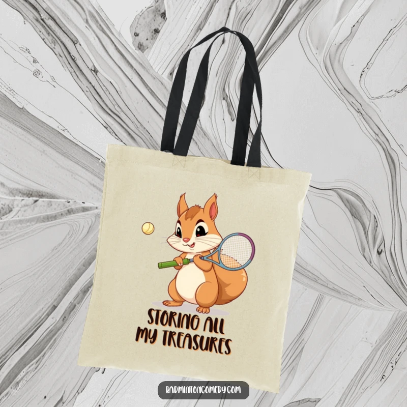 Funny Squirrel Badminton Tote Bag: A curious squirrel with a concentration face practicing badminton serves, ideal for gear.