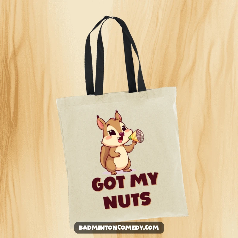 Funny Squirrel Shuttlecock Tote Bag depicting a happy squirrel balancing a shuttlecock on its nose, perfect for carrying daily items.