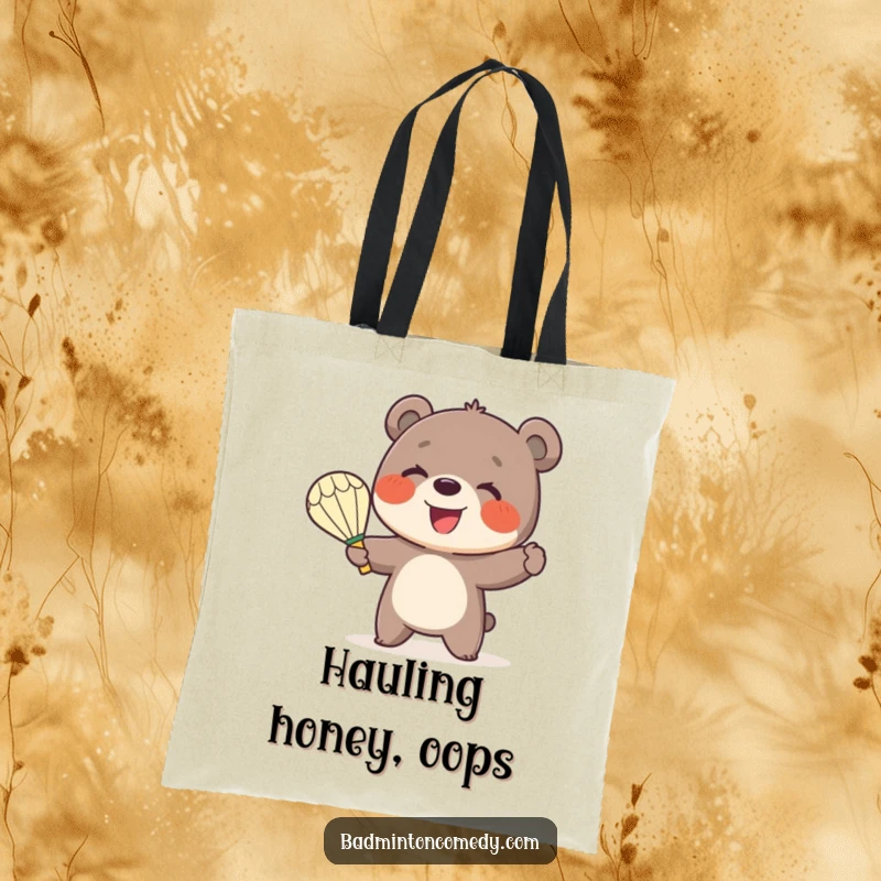Funny Bear Badminton Tote Bag: A smiling bear cub enthusiastically serves a shuttlecock with a badminton racket, ready for adventure.
