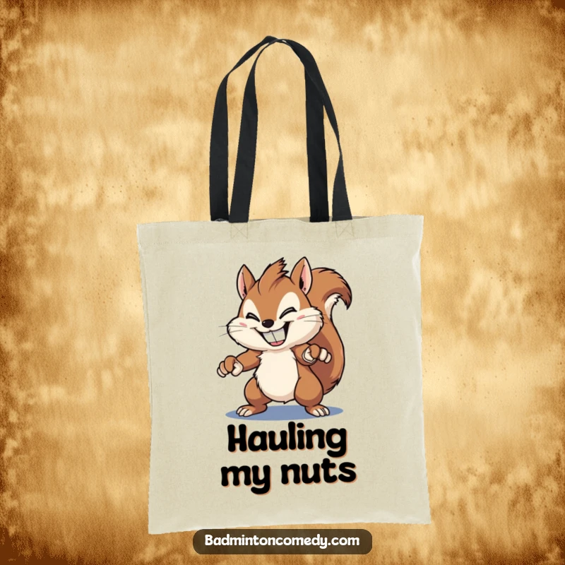 Funny squirrel tote bag, a fluffy squirrel with a wide grin, powerfully smashing a shuttlecock with a racket, perfect for humorous errands.