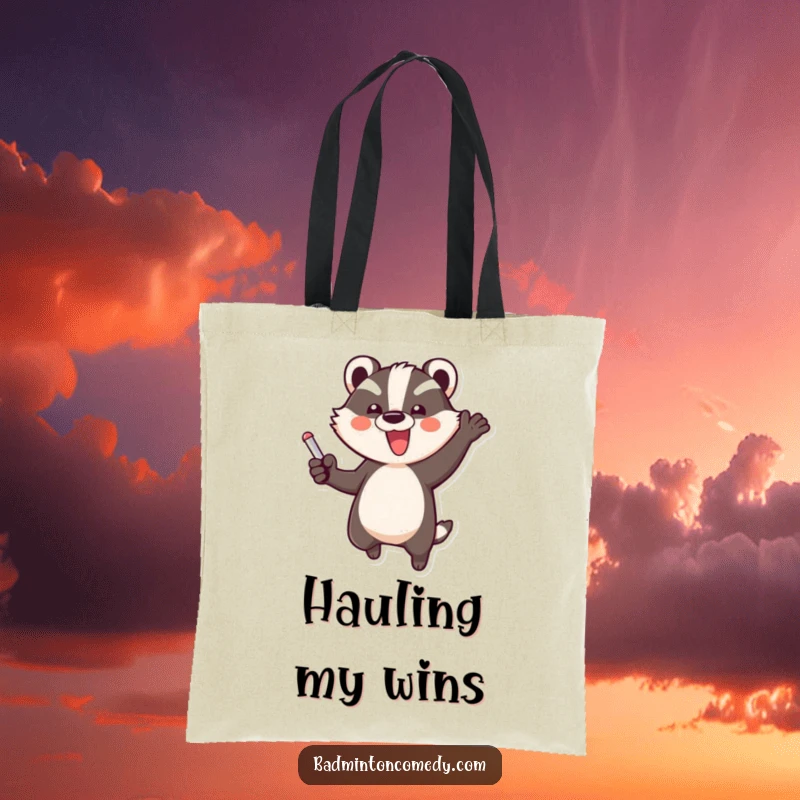 Funny Badger Triumph Tote Bag: A joyous badger character performs a celebratory jump, embodying the thrill of scoring a point.