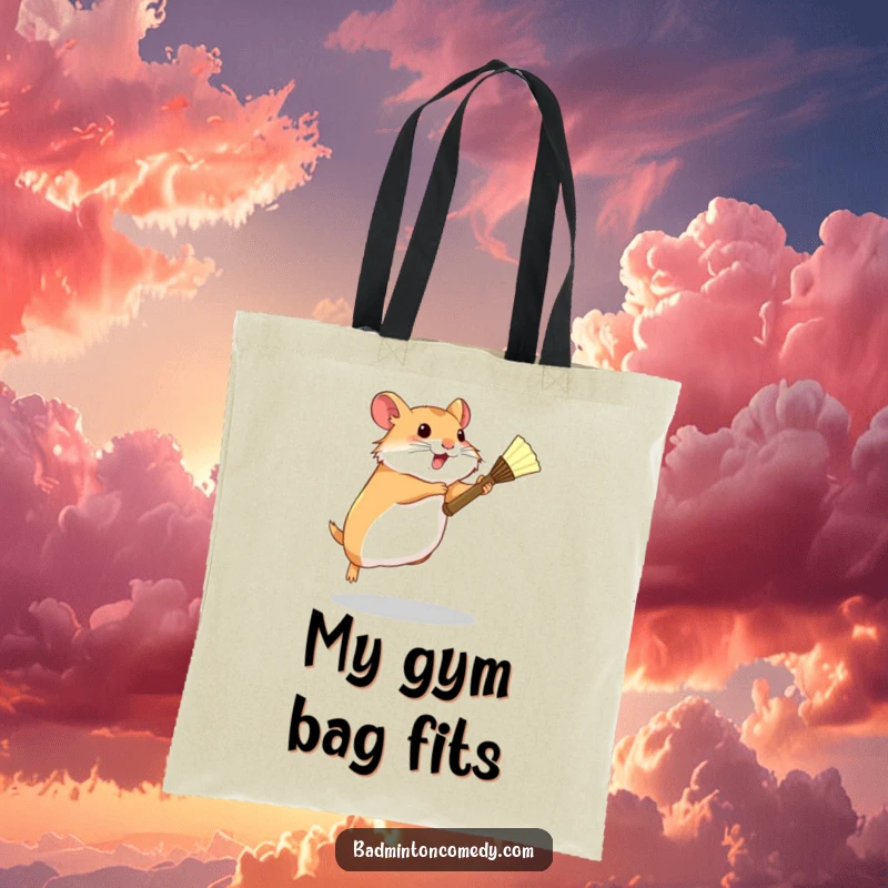 Funny Hamster Badminton Tote Bag: A determined hamster leaping with a tiny racket, designed for carrying essentials with humor.