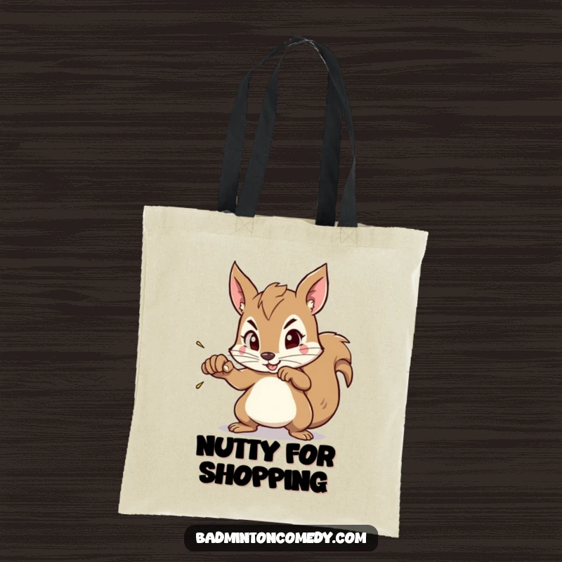 Funny Squirrel Smash Tote Bag: A squirrel character shows intense concentration, aiming its racket to smash a shuttlecock with precision.