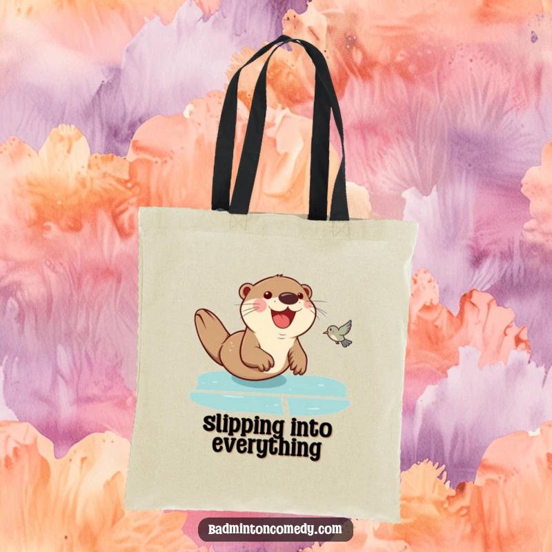 Funny Otter Badminton Tote Bag: A smiling otter executing a dynamic slide on a badminton court to hit a birdie, adding humor.